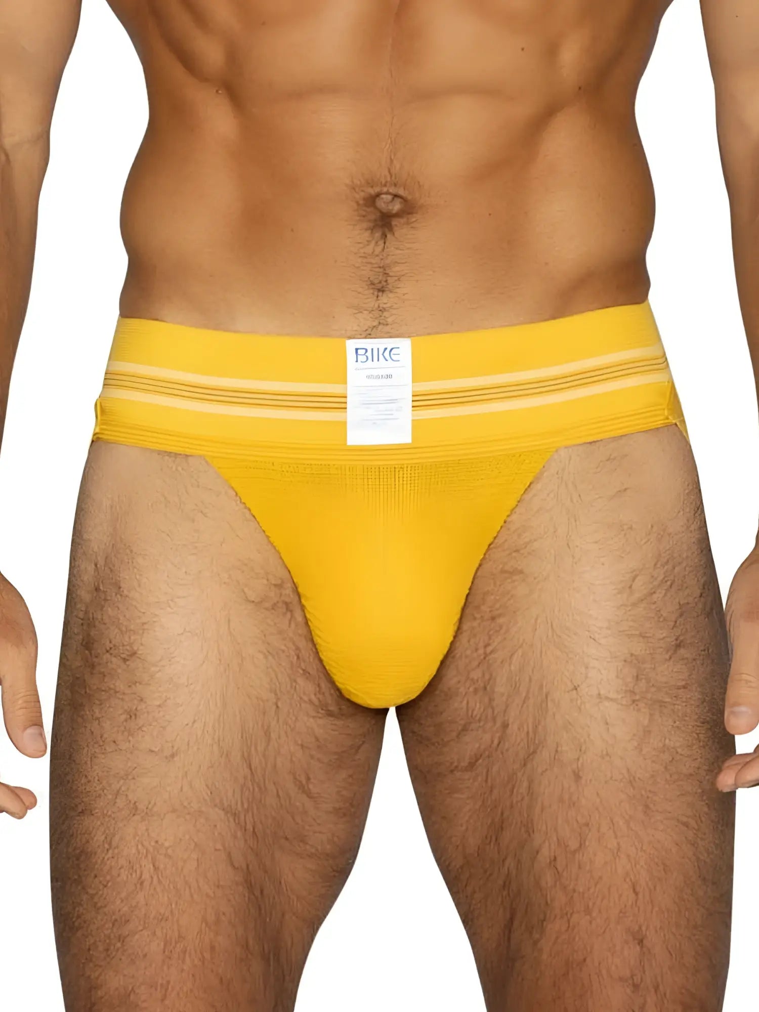 Bright yellow bike athletic briefs with white stripes and a bike label designed for sports use