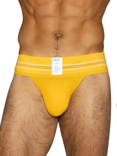 Bright yellow bike athletic briefs with white stripes and a brand label in a breathable jockstrap design