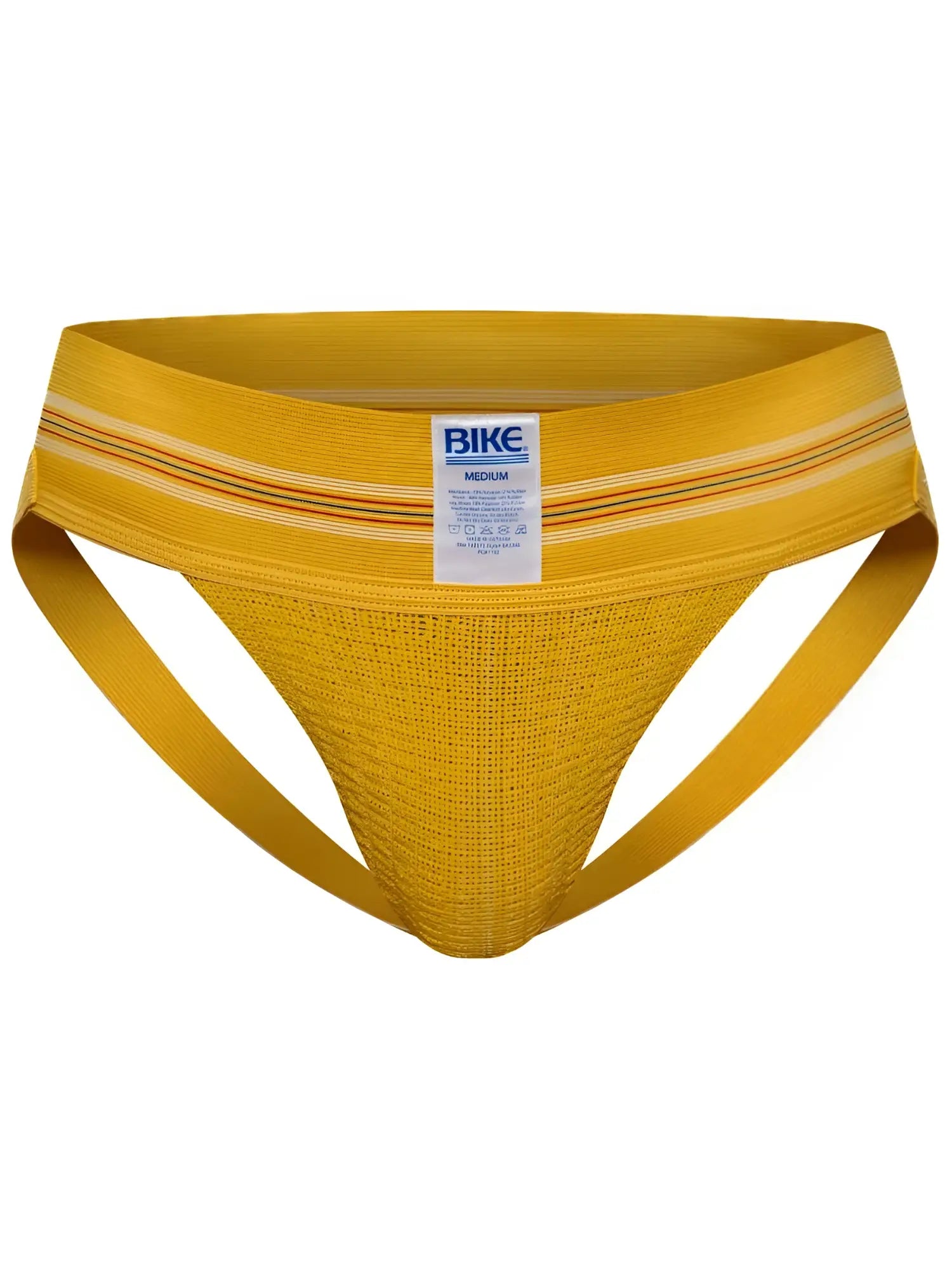 Yellow mesh athletic briefs with ribbed waistband and orange and white stripes from BIKE Athletic BAS306 Original Number 10