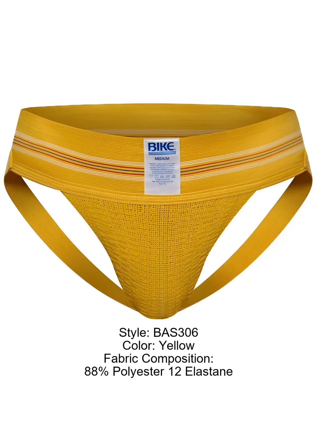 Yellow bike athletic briefs with textured mesh fabric and striped waistband in the original number 10 jockstrap style