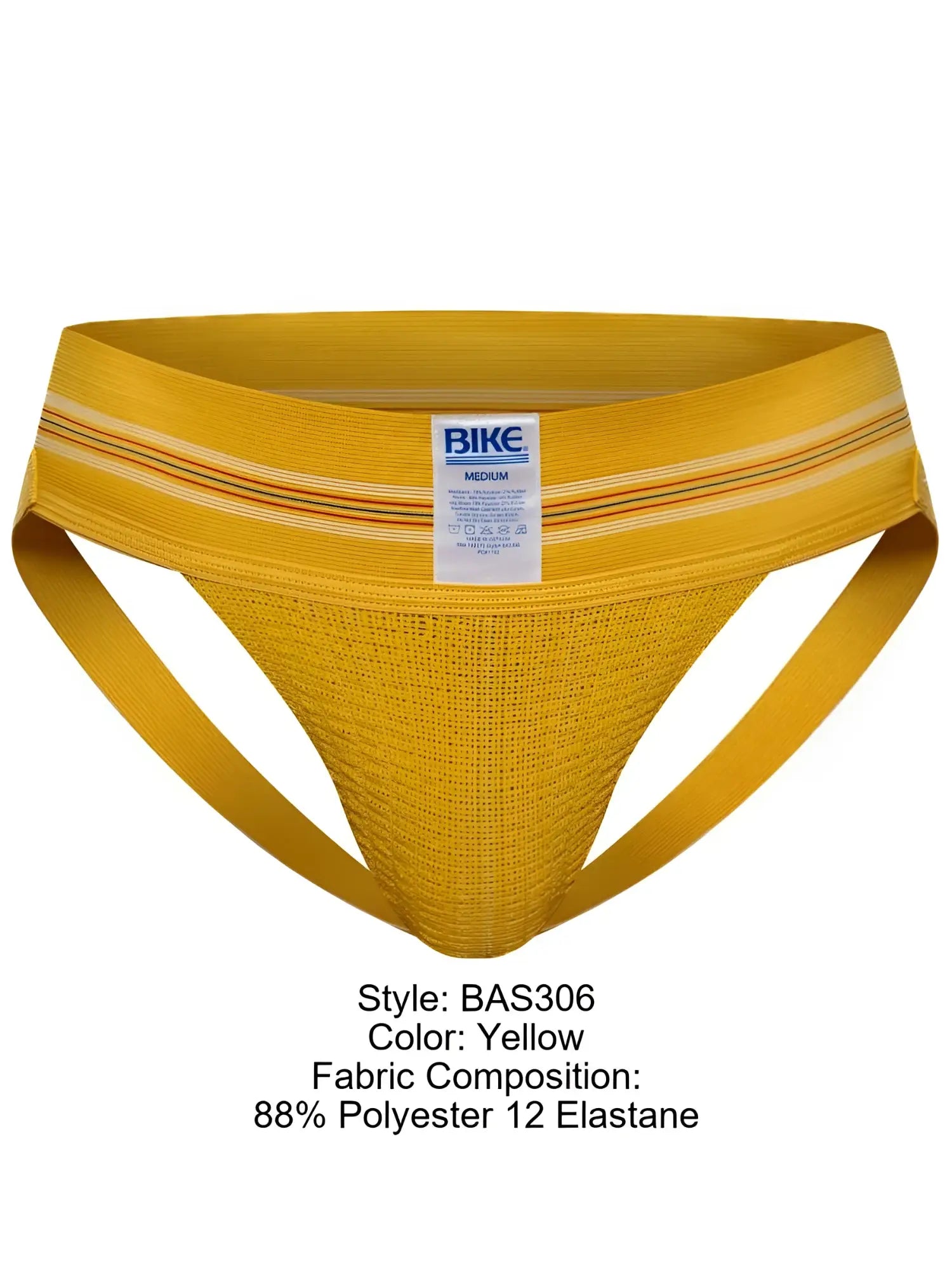 Yellow bike athletic briefs with textured mesh fabric and striped waistband in the original number 10 jockstrap style