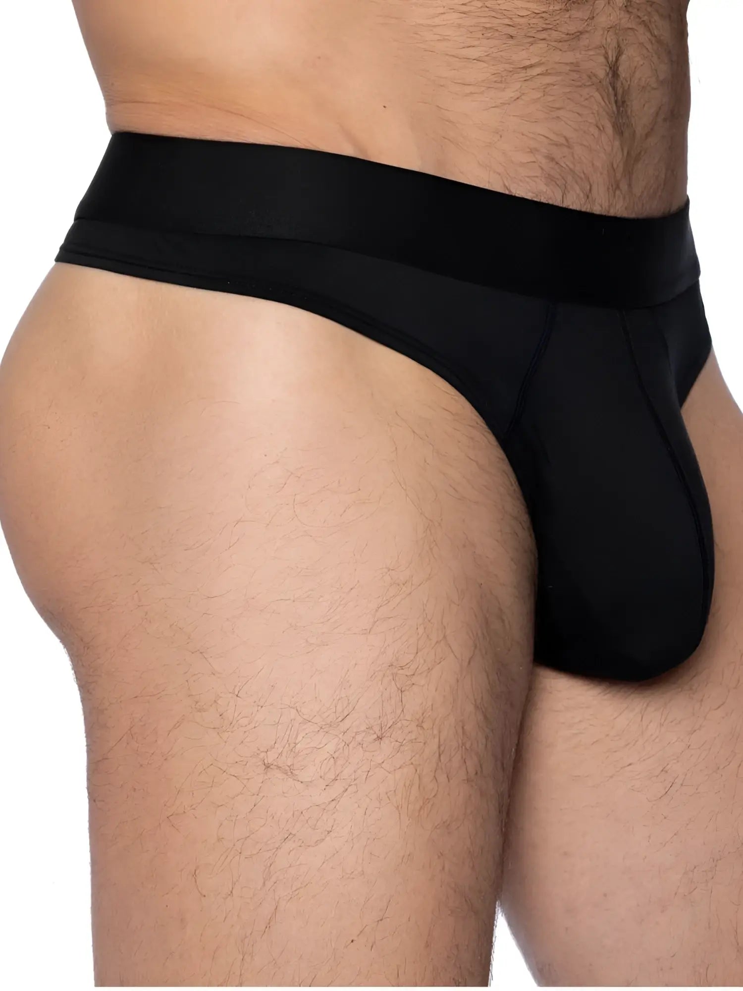 Black biKE athletic bas319 active thong made of smooth fabric with a wide waistband shown from the back side
