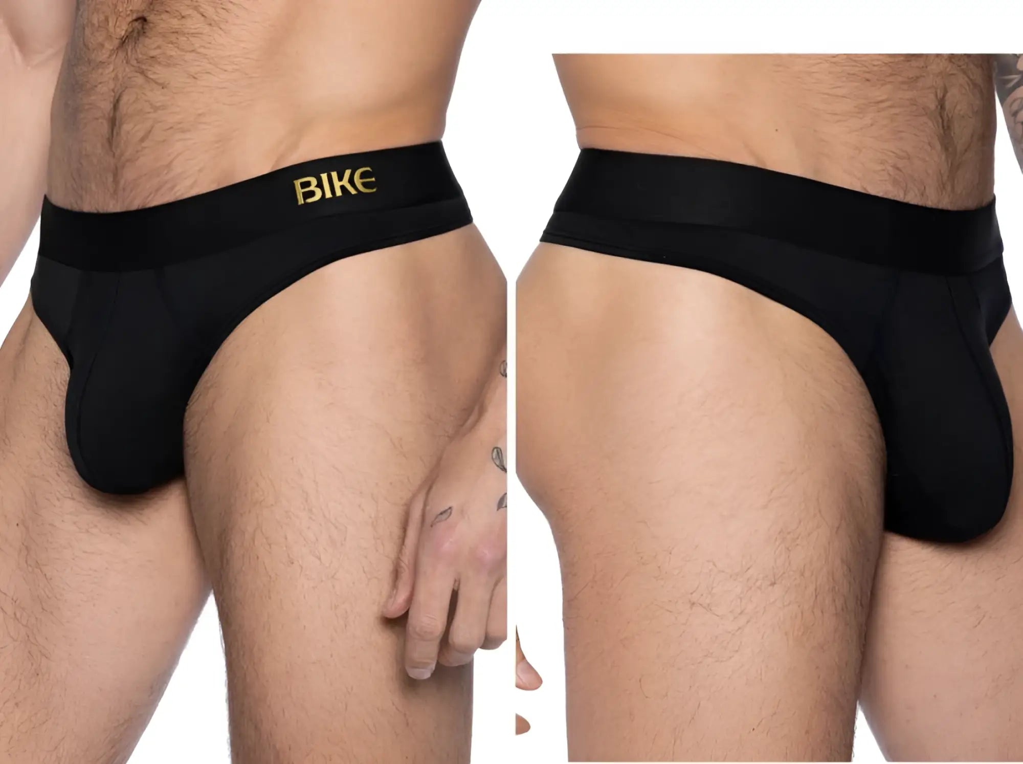 Black bike athletic BAS319 active thong bike briefs with gold bike logo on waistband shown from back side