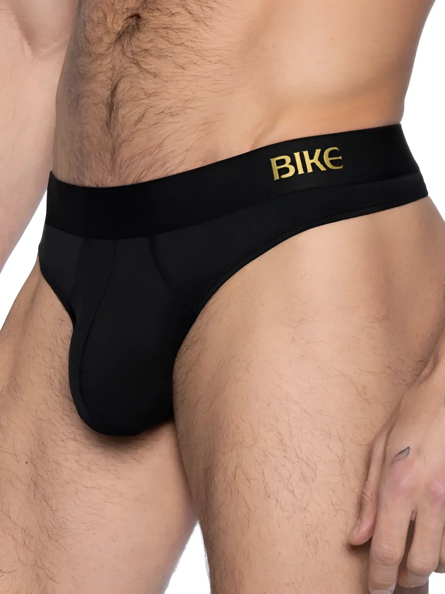 Black mens bike briefs with gold bike branding on waistband designed for athletic active use