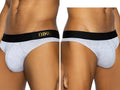 Light gray heathered bike briefs with black waistband and bike in gold lettering from BIKE Athletic BAS319 active thong