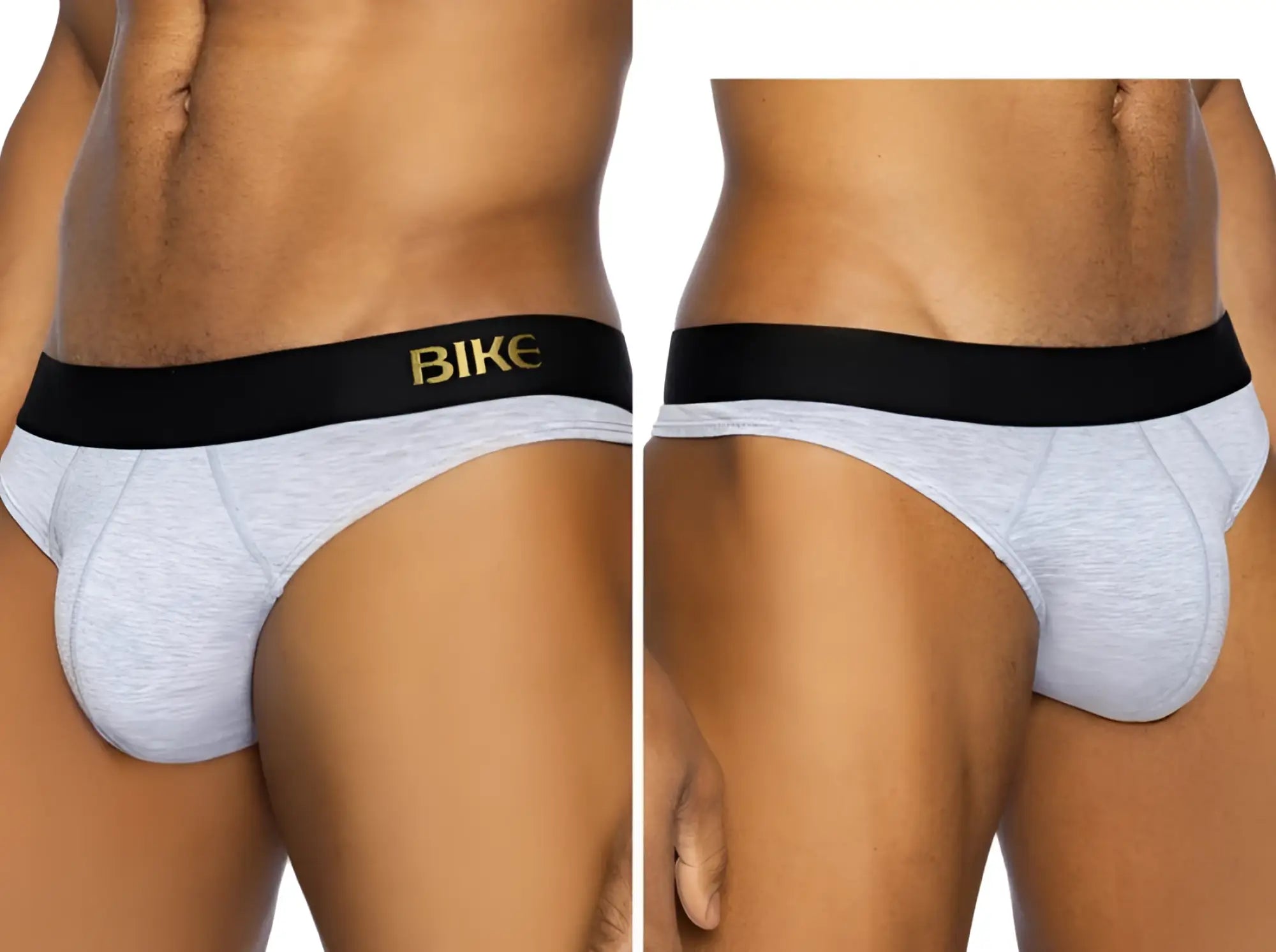 Light gray heathered bike briefs with black waistband and bike in gold lettering from BIKE Athletic BAS319 active thong