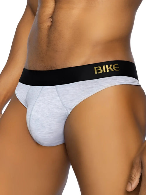 Gray heathered bike briefs with black waistband and gold bike lettering from BIKE Athletic BAS319 active thong in light gray