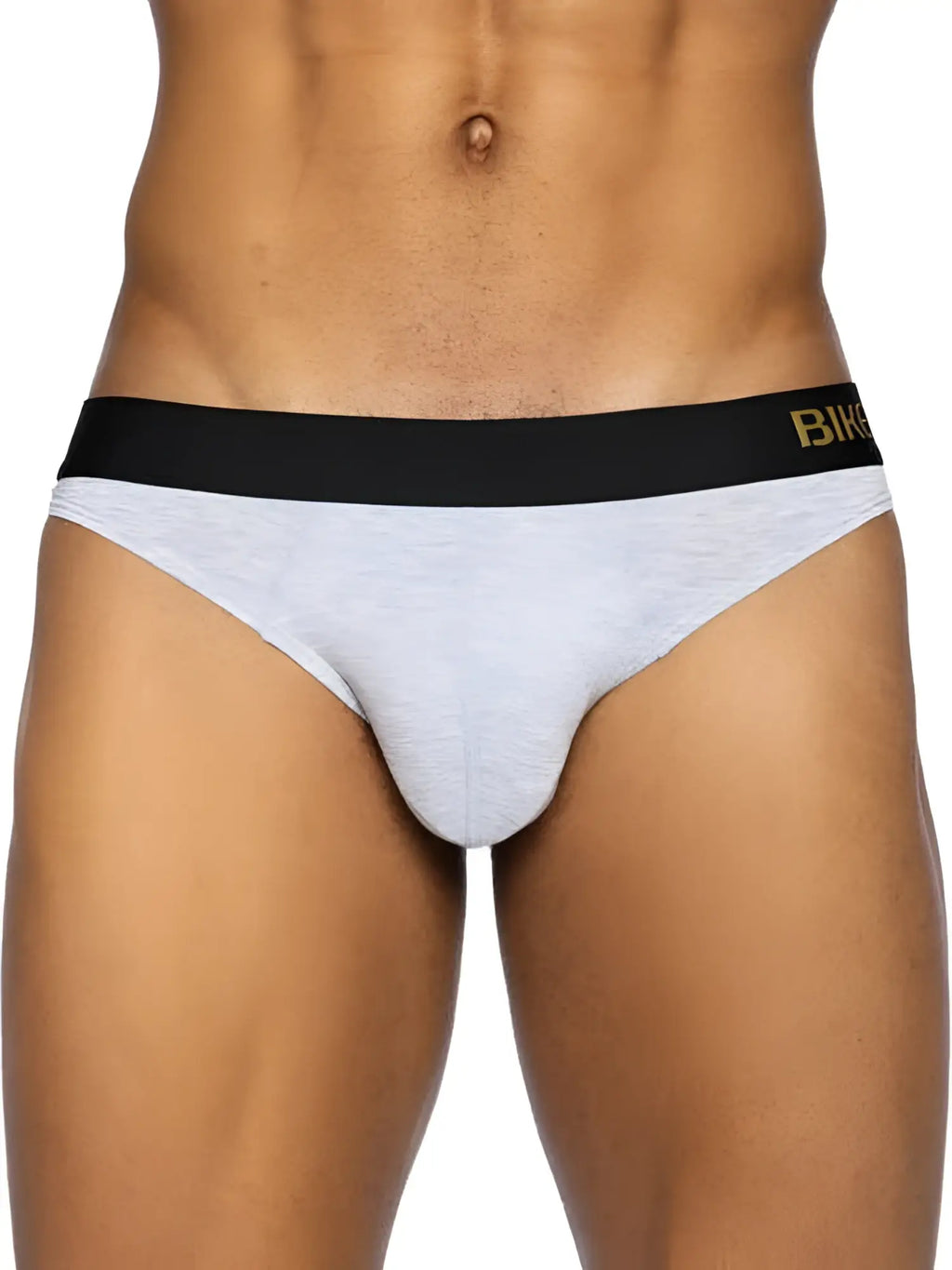 Bike athletic bas319 active thong in light gray features gray heathered briefs with black waistband and gold lettering