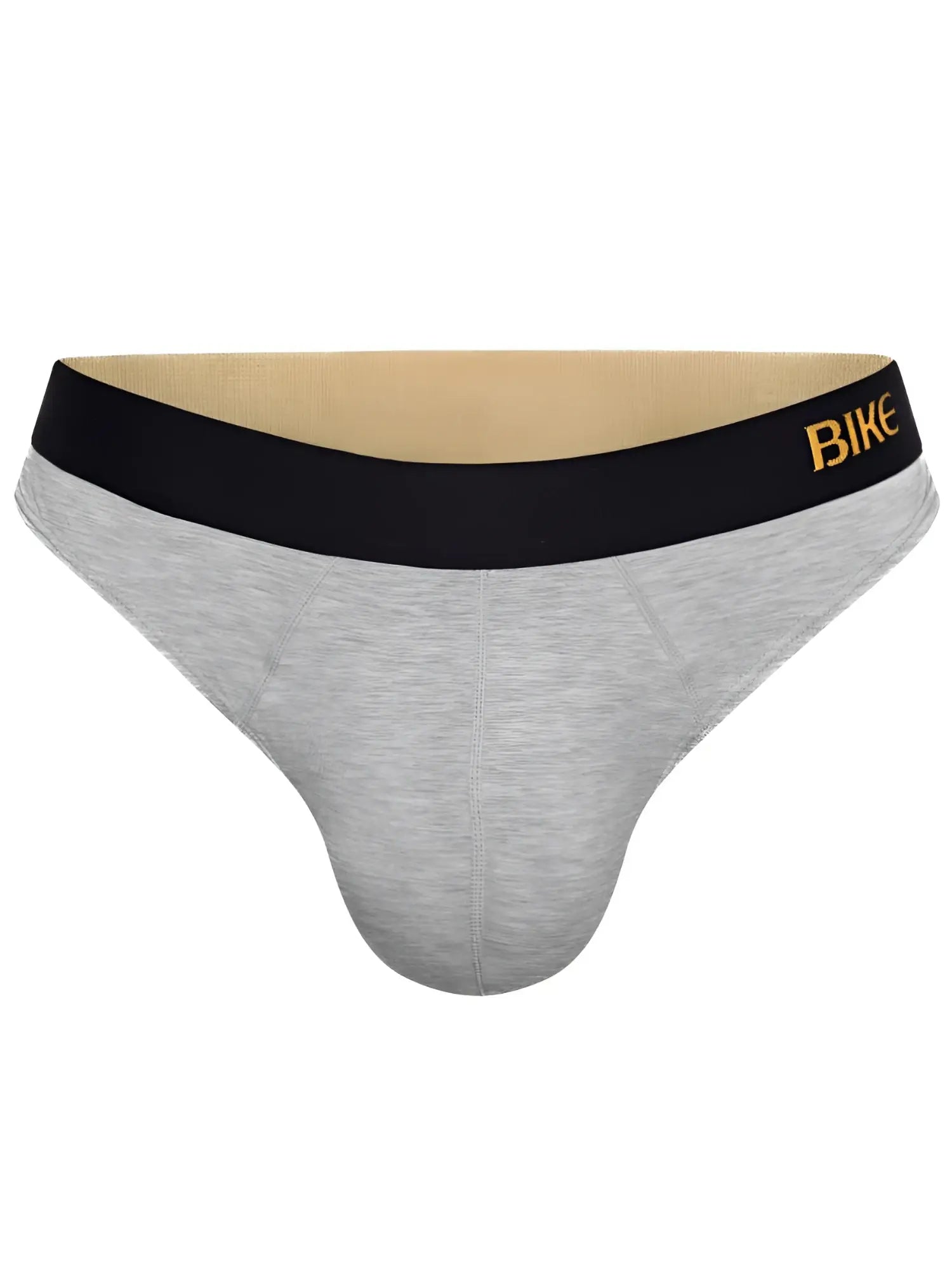 Gray heathered mens briefs with black waistband featuring bike logo in gold athletic active thong light gray color