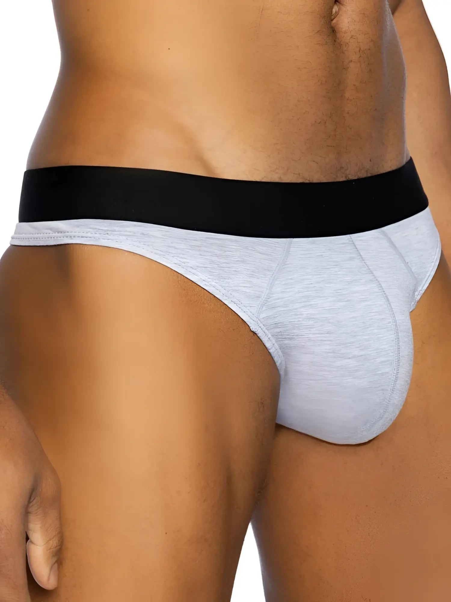 Bike athletic bas319 active thong in light gray with gray heathered fabric and black elastic waistband shown from back