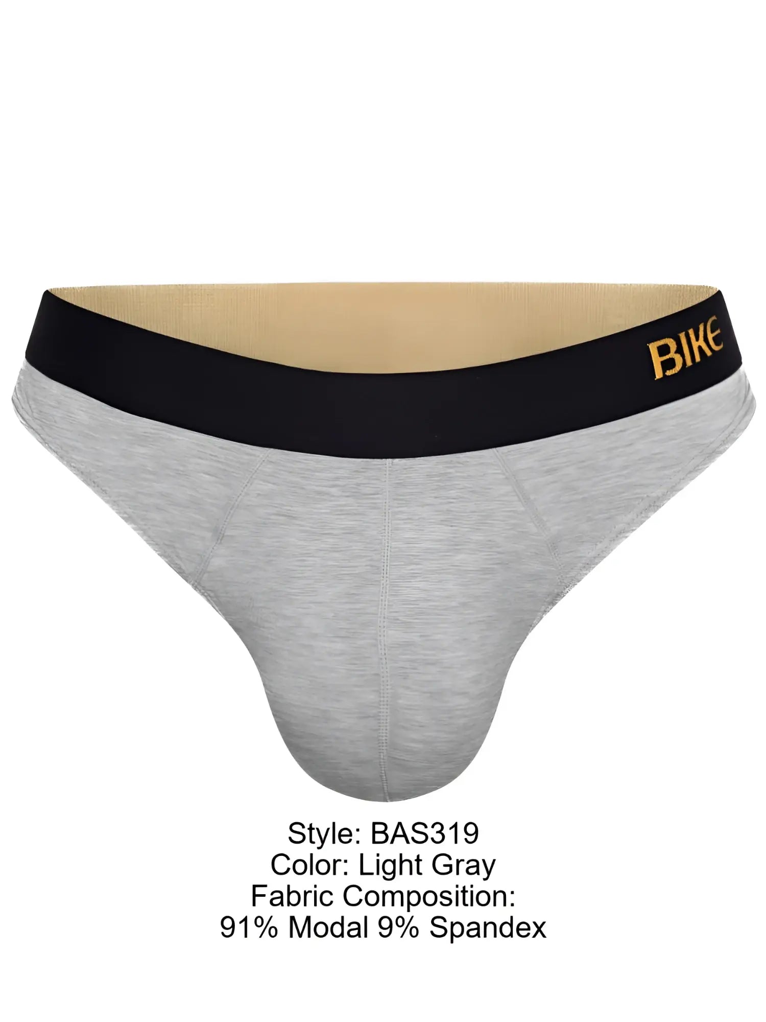 Light gray men’s briefs with a black waistband featuring the bike logo in gold from the bike athletic BAS319 line
