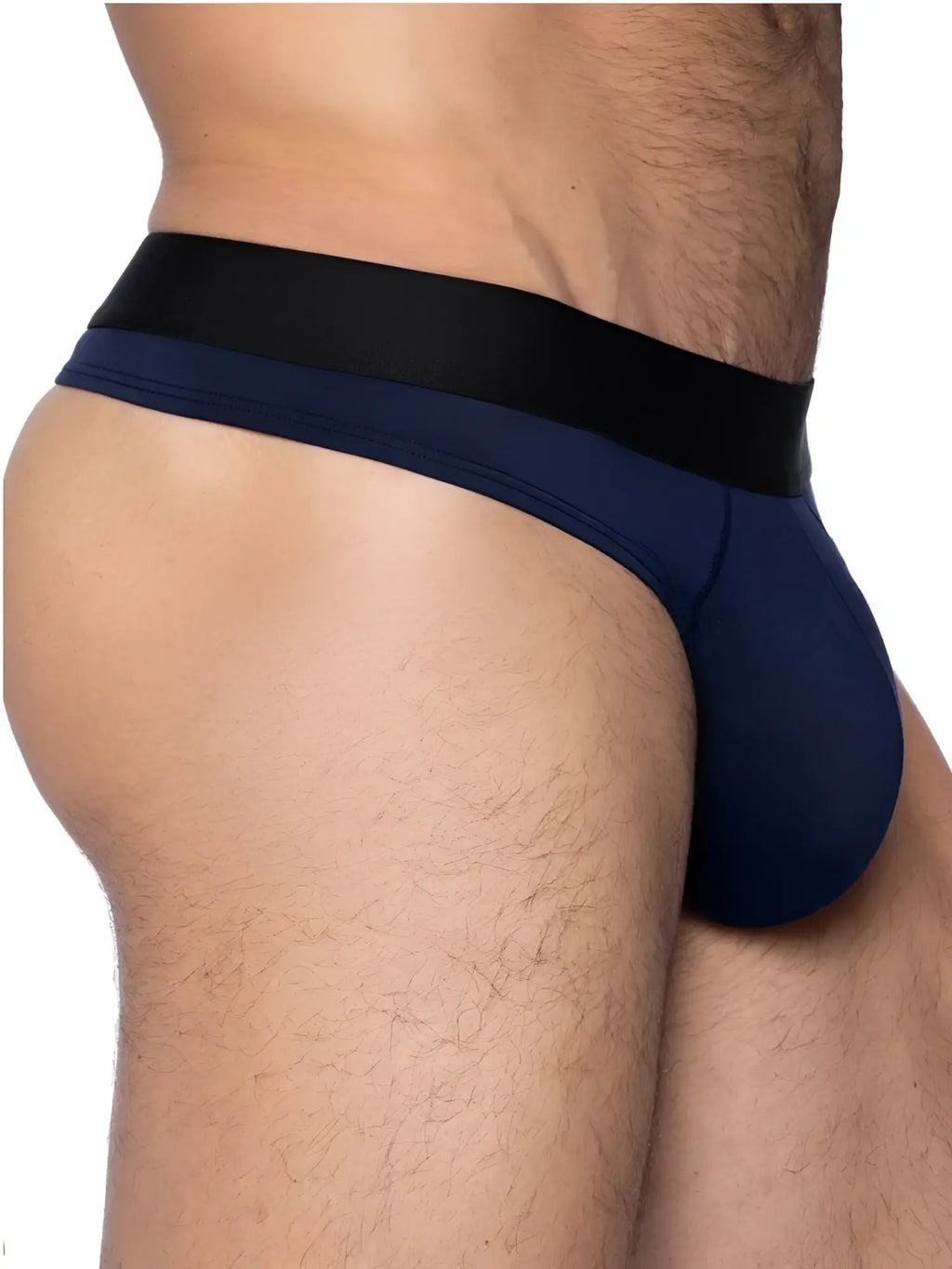 Navy blue bike athletic thong with black elastic waistband designed for active use