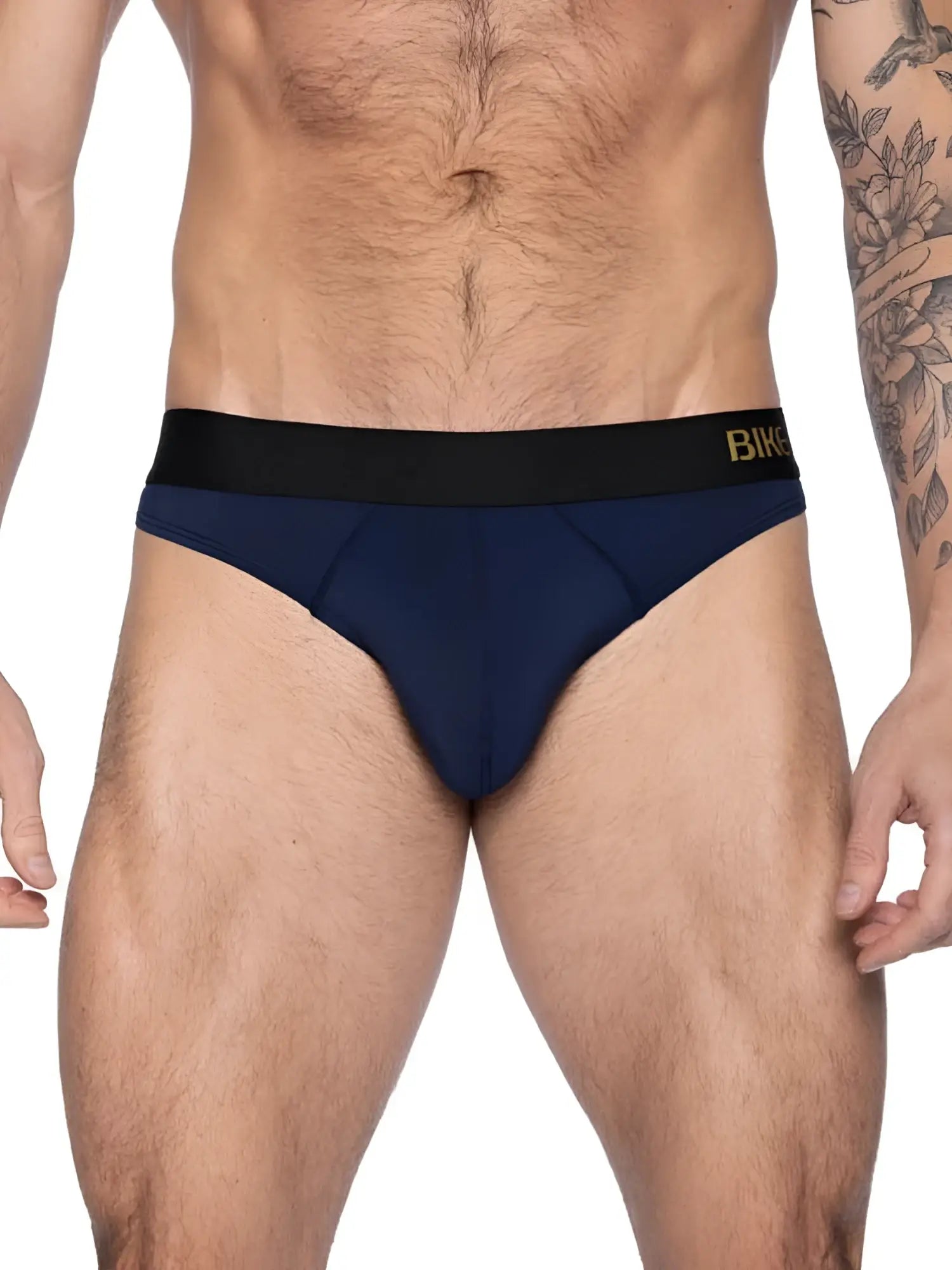 Navy blue bikini briefs with black elastic waistband featuring gold brand name for active use from bike athletic bas319