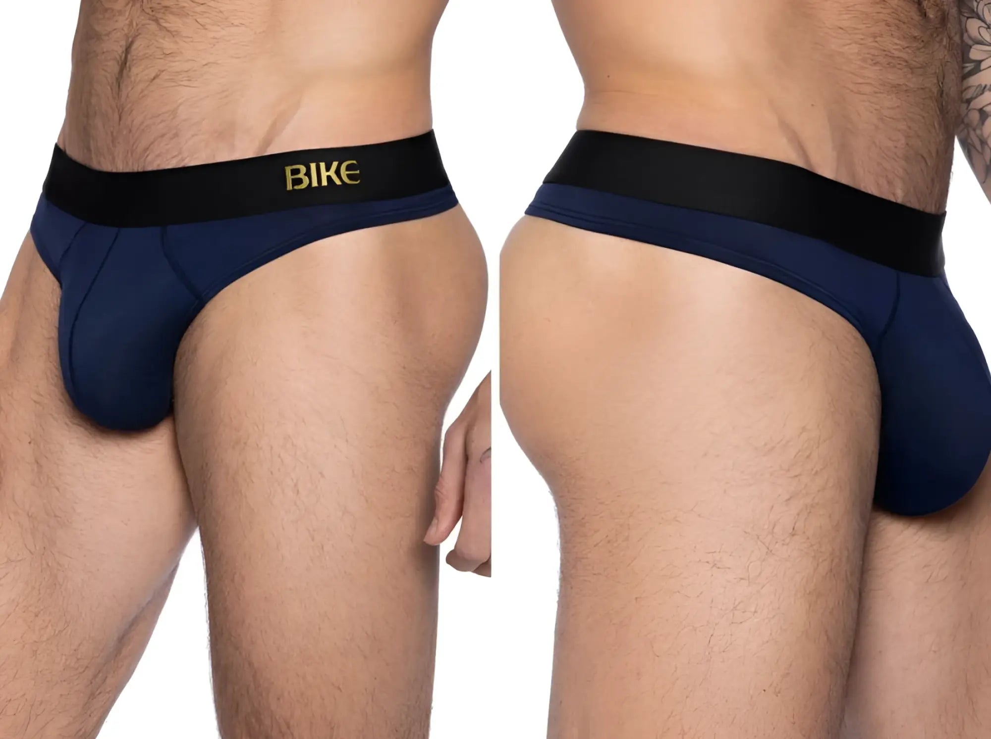 Navy blue bike athletic BAS319 active thong with black waistband and gold bike lettering for cycling use