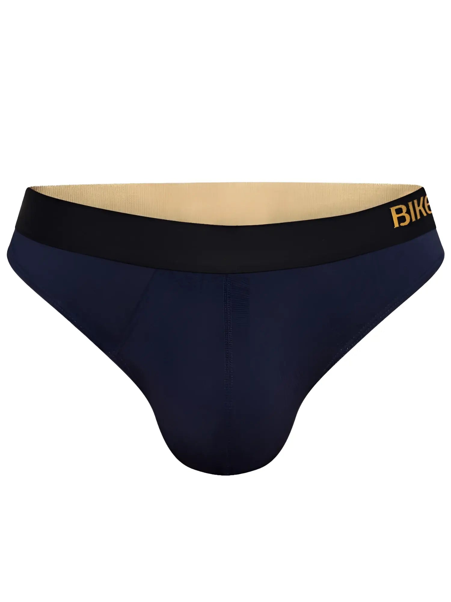 Navy blue BIKE Athletic BAS319 active thong briefs with black waistband and gold bike lettering for athletic use