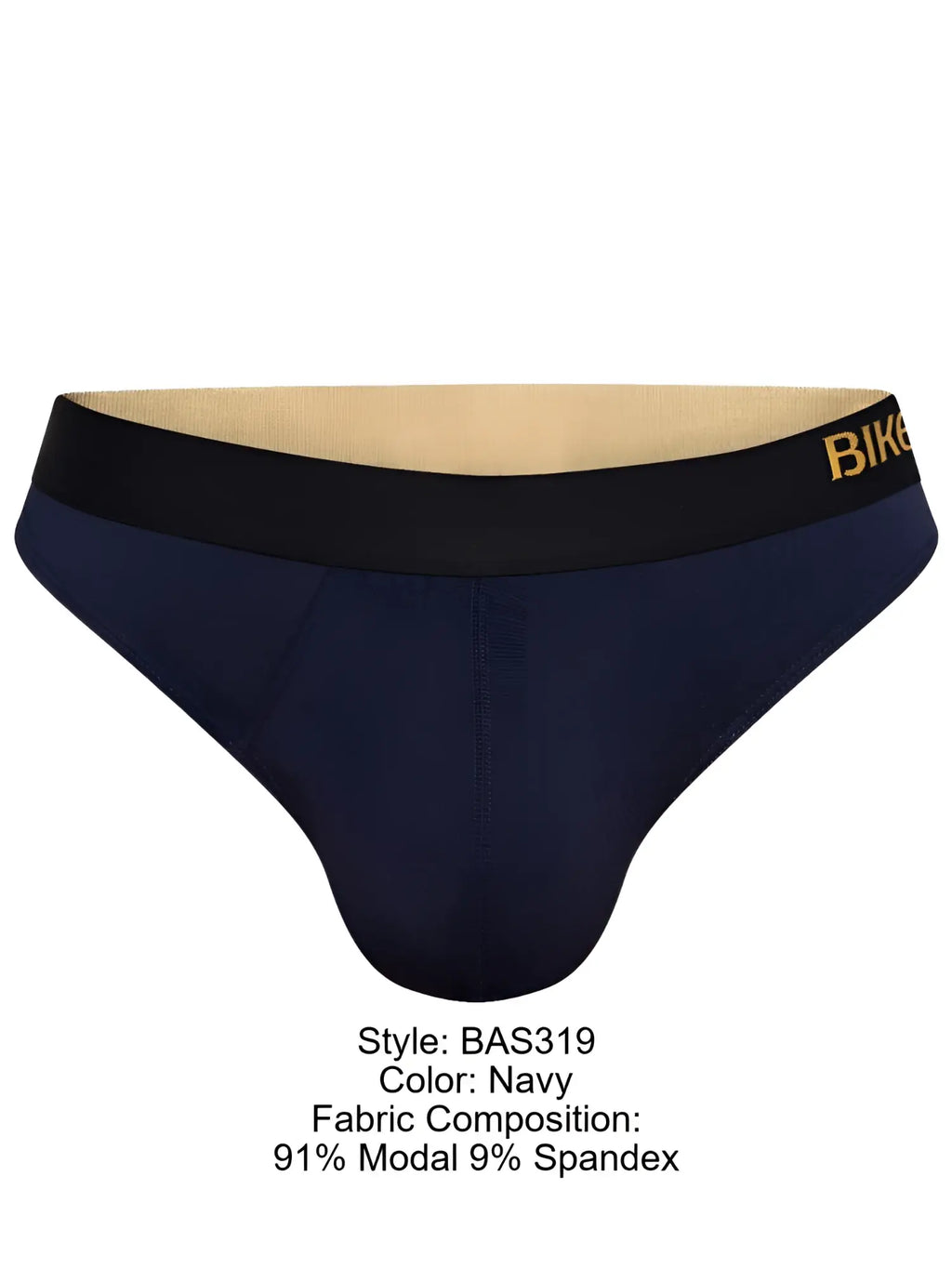 Navy blue bike athletic bas319 active thong with a black waistband featuring gold lettering for men
