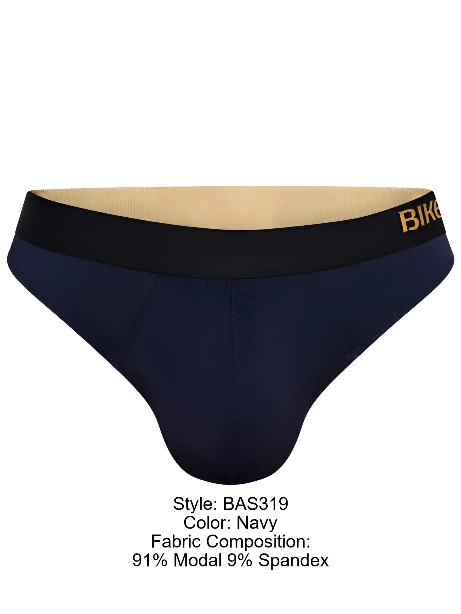 Navy blue bike athletic bas319 active thong with a black waistband featuring gold lettering for men