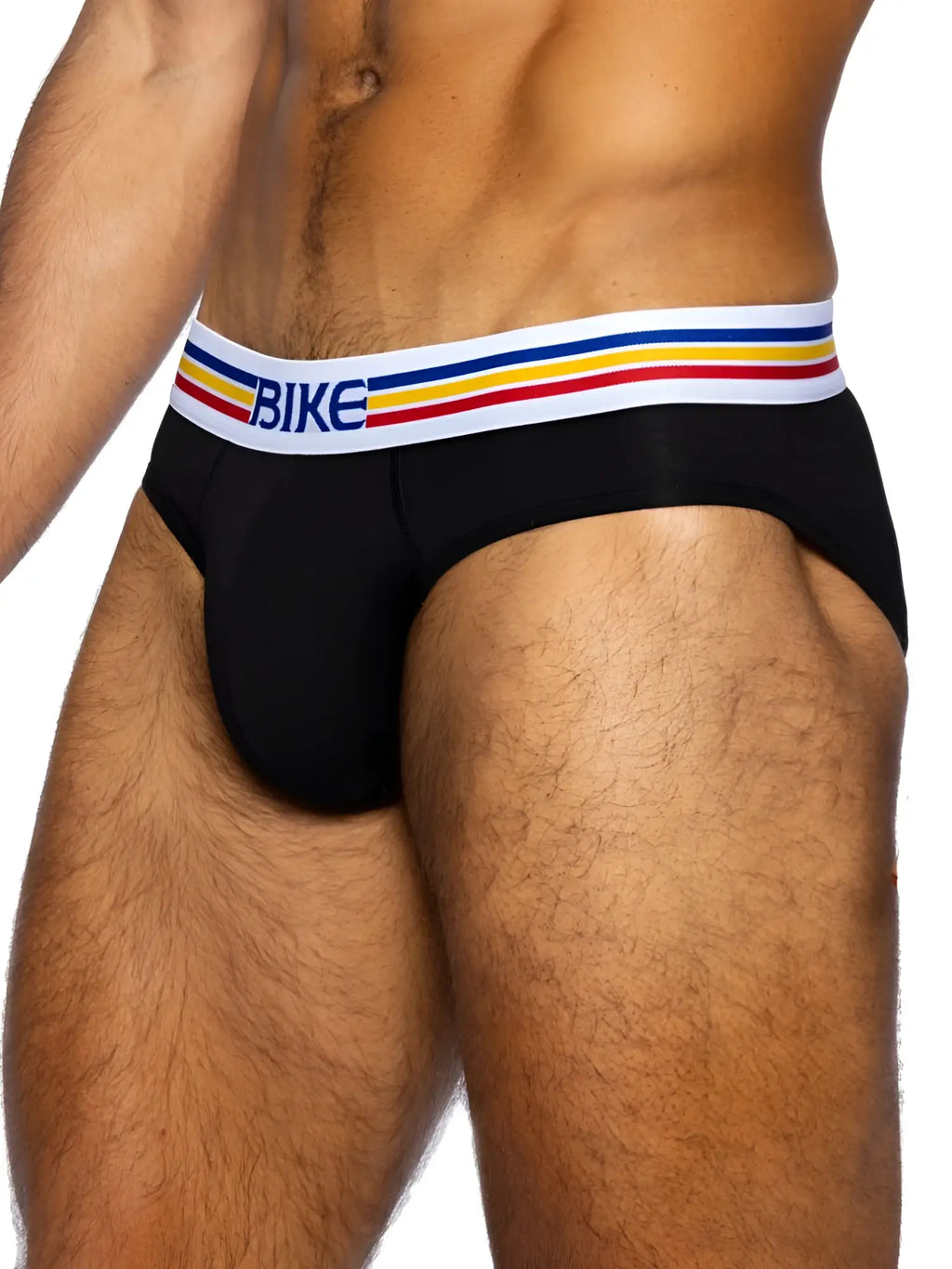 Black BIKE athletic BAS327 stretch cotton men’s briefs with white waistband and blue yellow red stripes front view