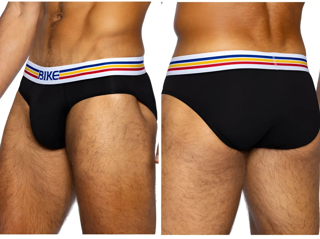 Black bike athletic bas327 stretch cotton briefs with white waistband and red yellow blue stripes