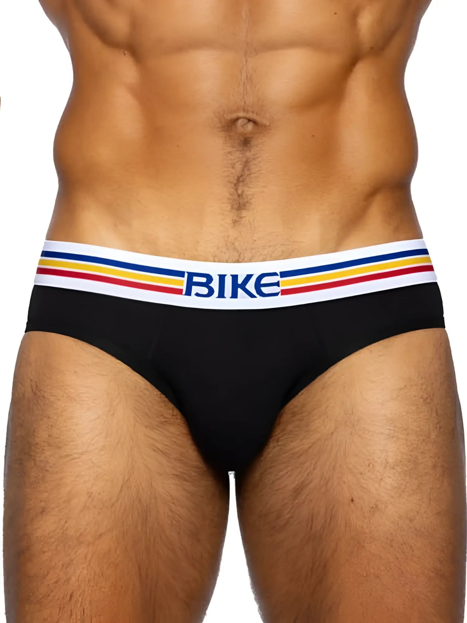 Black bike athletic bas327 stretch cotton brief with white waistband and blue logo accented by red and yellow stripes