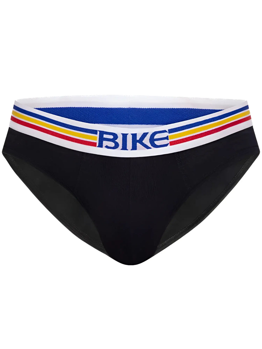 Black bike athletic bas327 stretch cotton briefs with white waistband and blue branding accented by red and yellow stripes