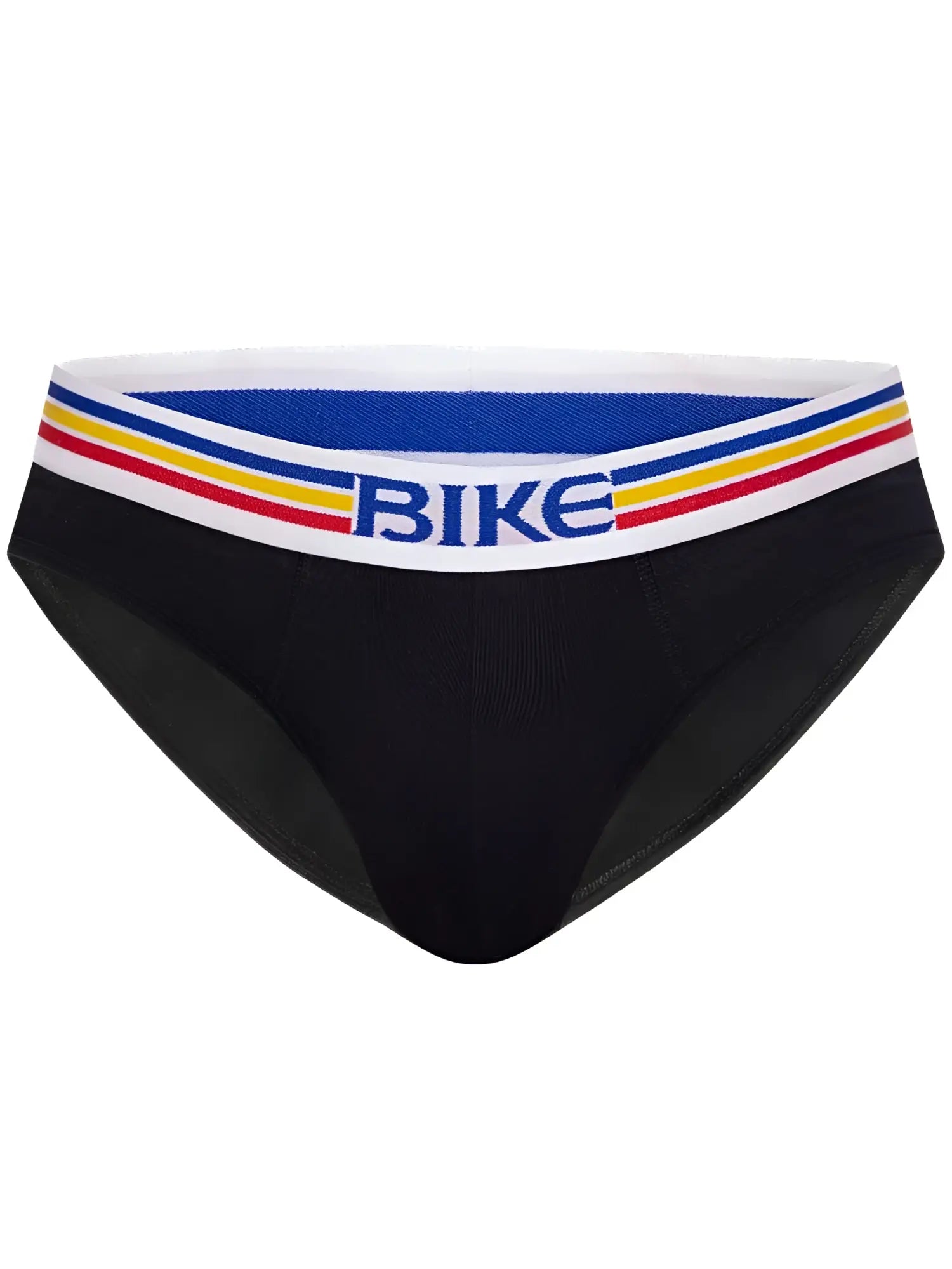 Black bike athletic bas327 stretch cotton briefs with white waistband and blue branding accented by red and yellow stripes