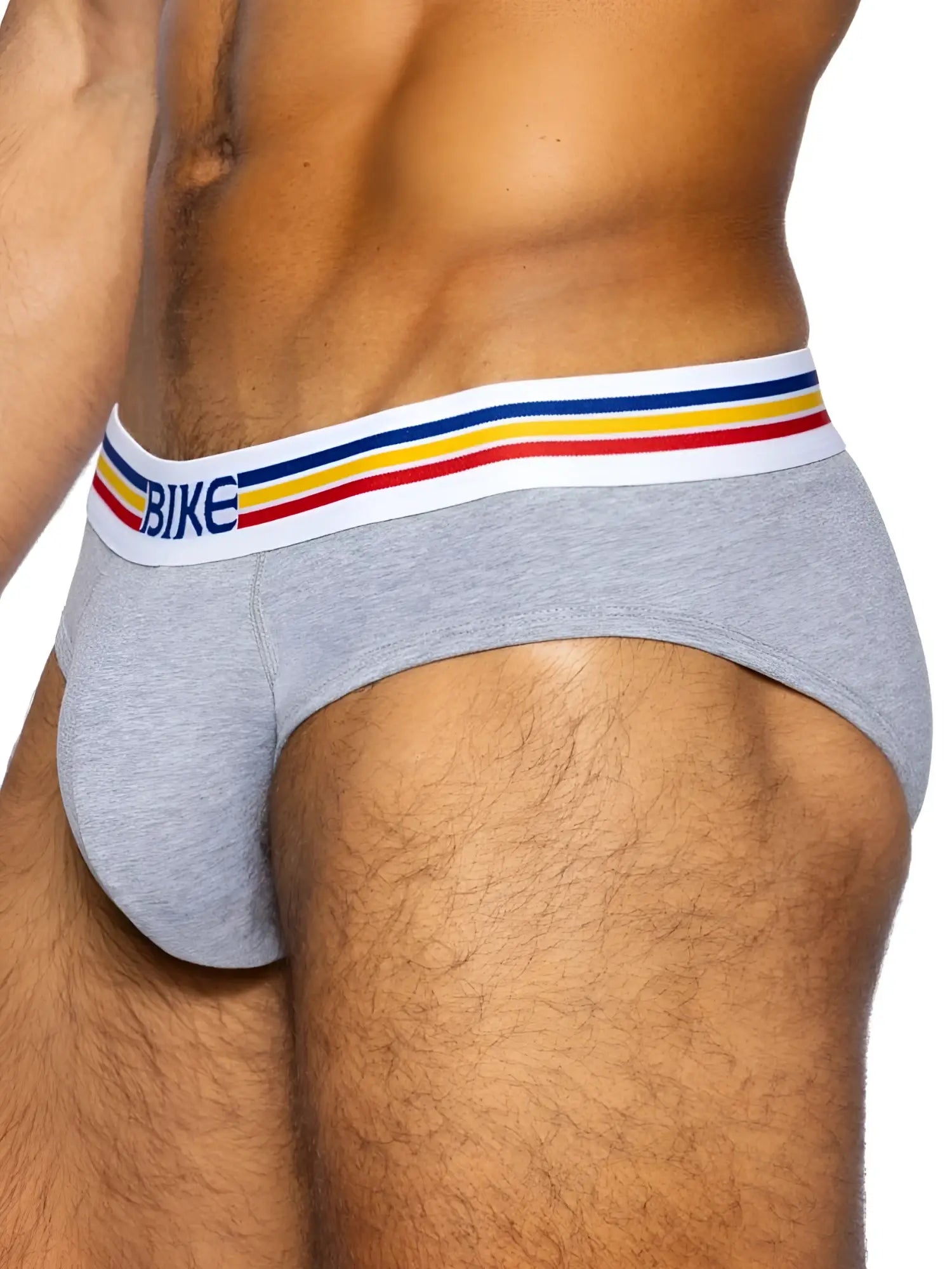 Gray heathered bike athletic BAS327 stretch cotton briefs with white waistband and colorful red yellow blue stripes