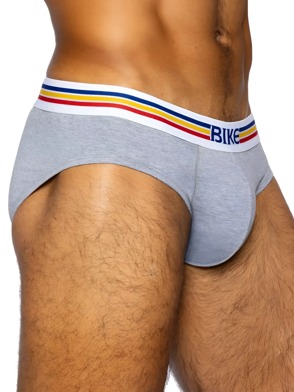 Gray heathered BIKE athletic BAS327 stretch cotton briefs with white waistband featuring red yellow and blue stripes
