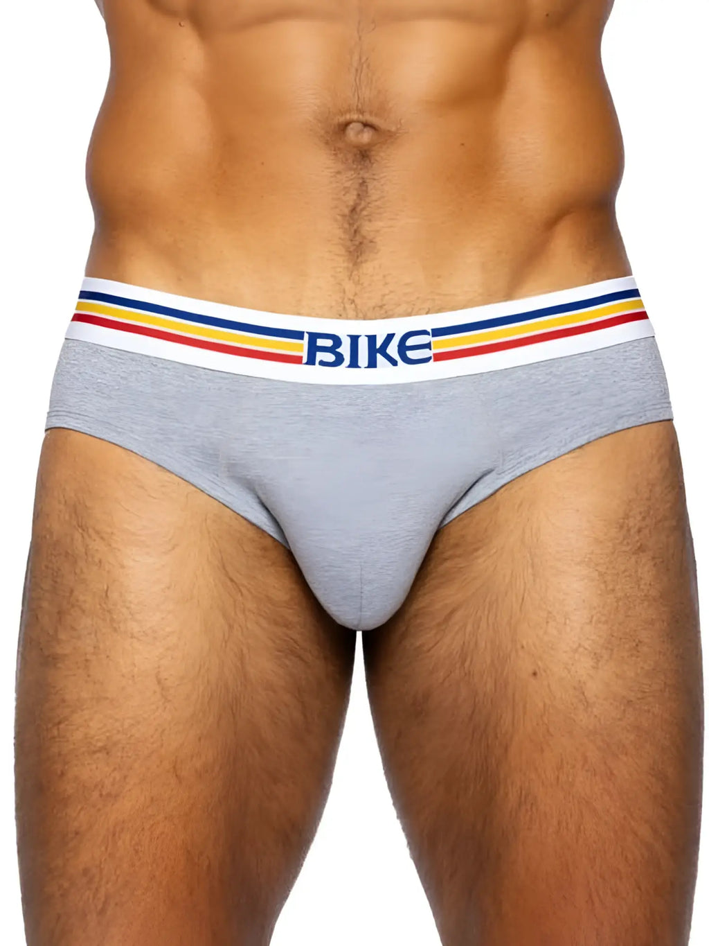 Gray heathered BIKE athletic BAS327 stretch cotton briefs with white waistband and colorful stripe accents