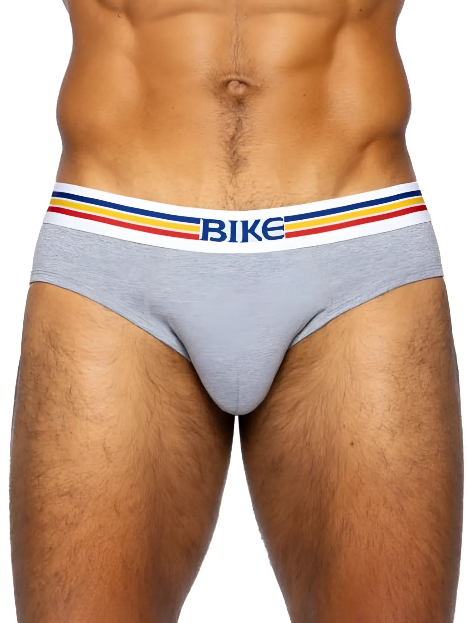 Gray heathered BIKE athletic BAS327 stretch cotton briefs with white waistband and colorful stripe accents