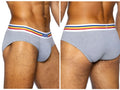 Gray heathered bike athletic BAS327 stretch cotton briefs with white waistband and red yellow blue stripes