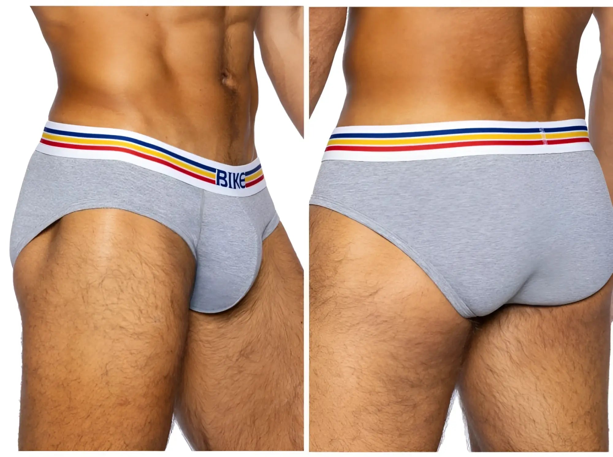 Gray heathered bike athletic BAS327 stretch cotton briefs with white waistband and red yellow blue stripes