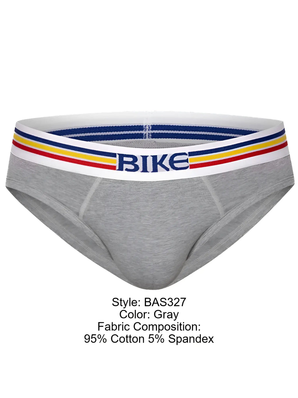 Gray bike athletic bas327 stretch cotton briefs with white waistband featuring blue yellow red stripes