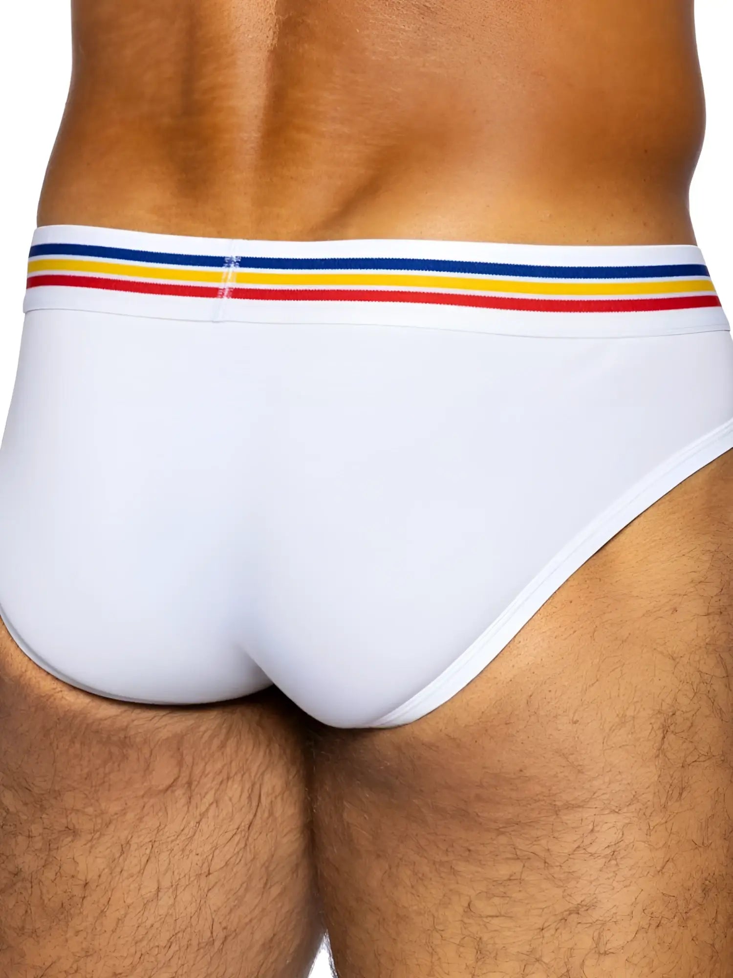 White bike athletic bas327 stretch cotton brief with colorful red yellow and blue striped waistband front view