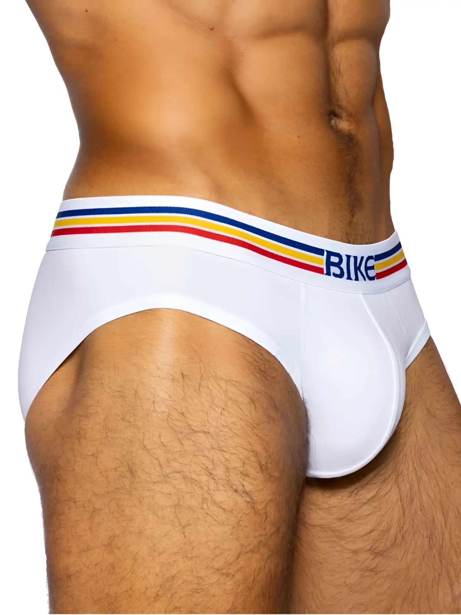 White bike athletic bas327 stretch cotton brief with colorful striped waistband in red yellow and blue