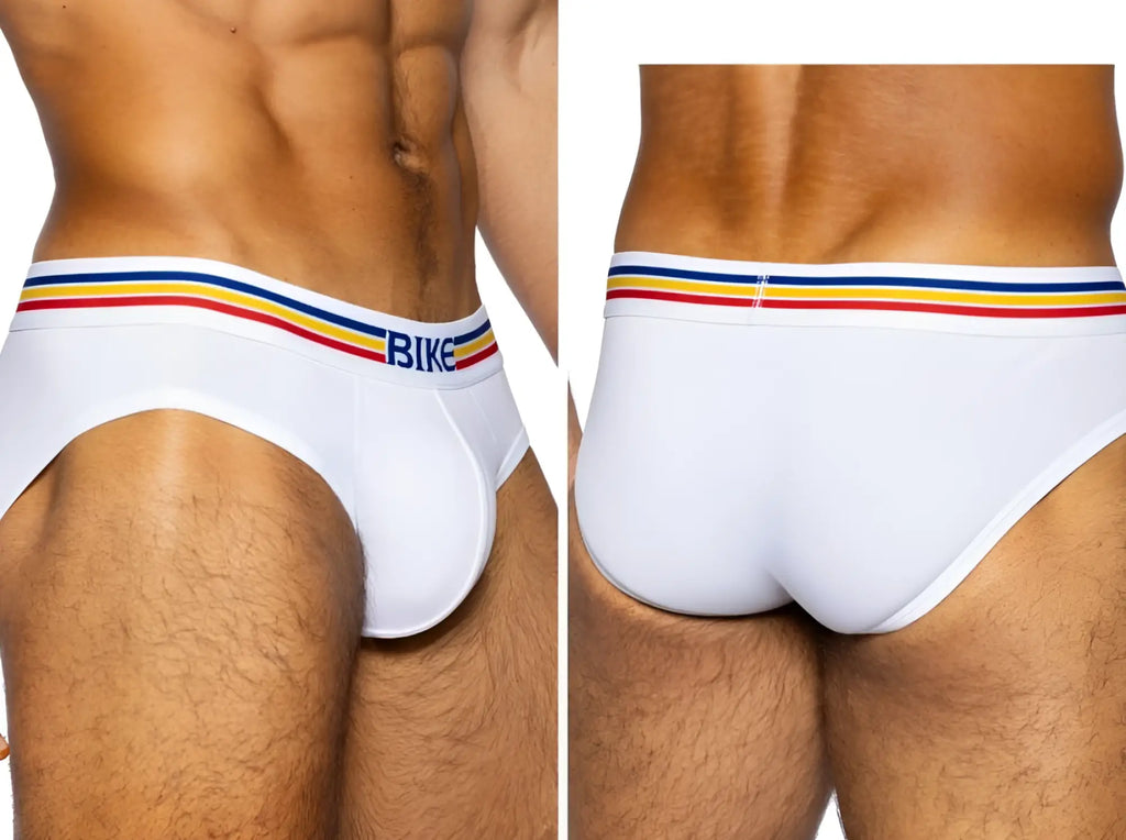 White bike athletic bas327 men’s stretch cotton briefs with colorful striped waistband and blue bike lettering