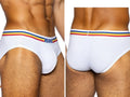 White bike athletic bas327 men’s stretch cotton briefs with colorful striped waistband and blue bike lettering