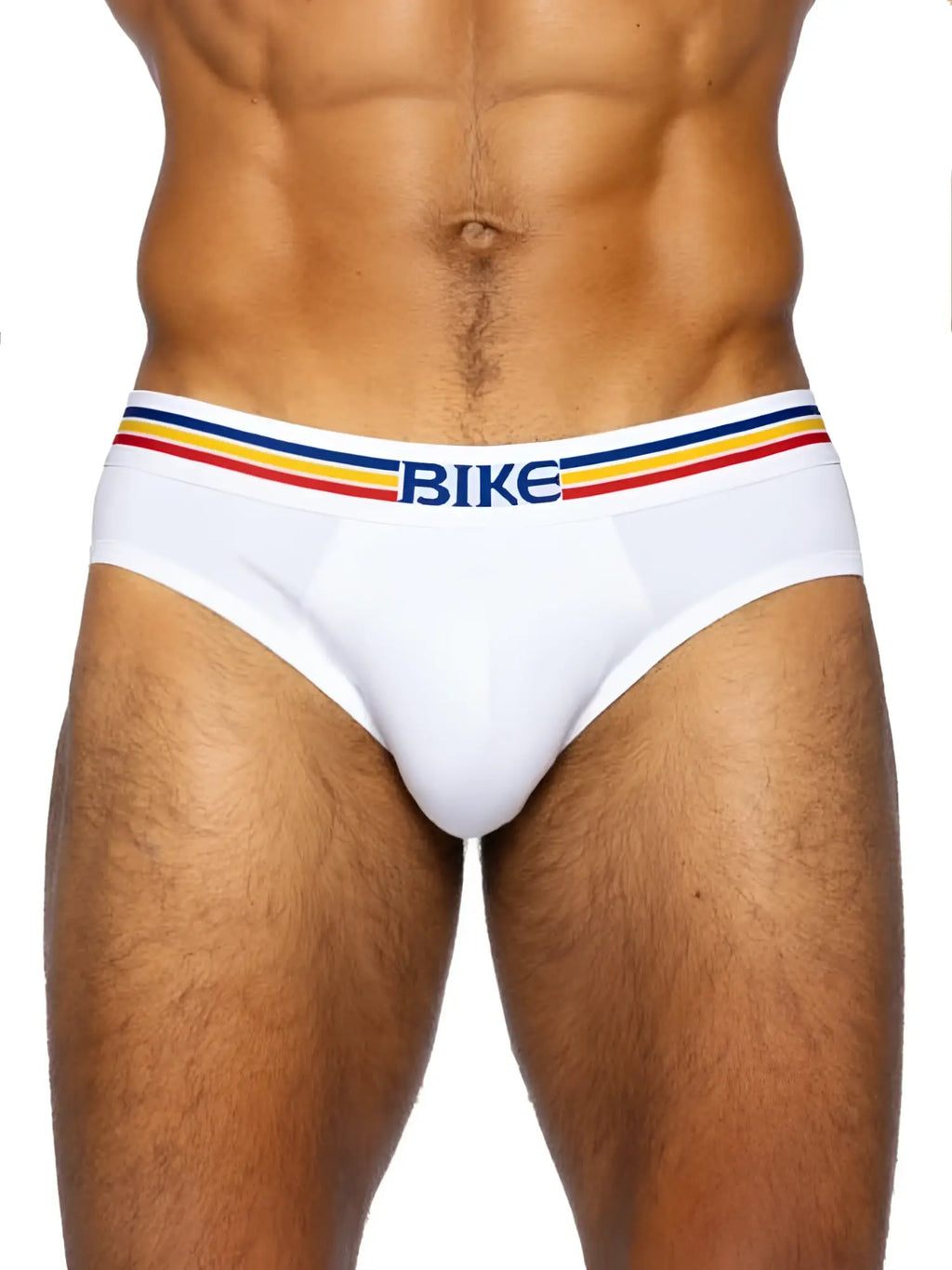 White bike athletic bas327 stretch cotton men’s briefs with colorful striped waistband and blue bike lettering