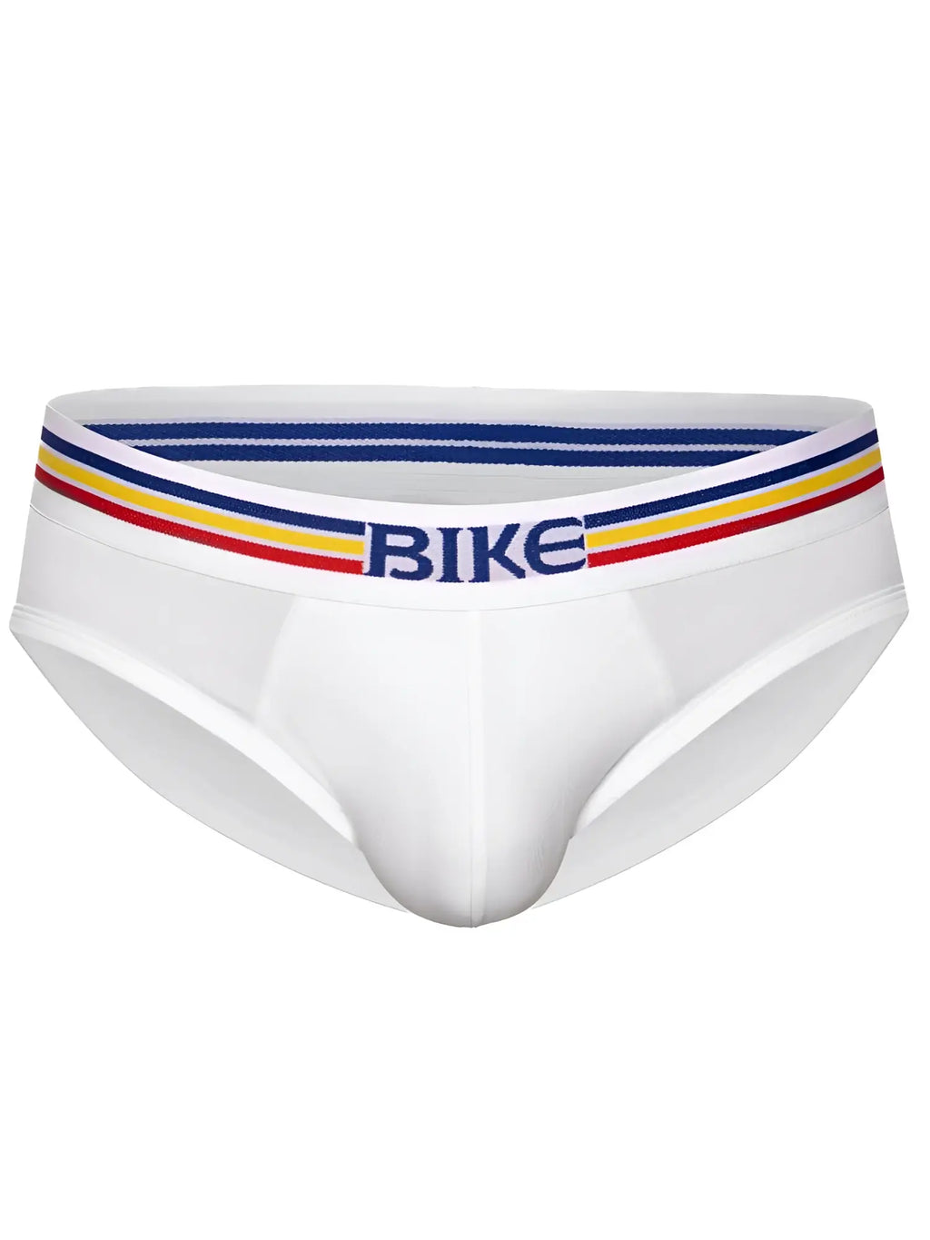 White men’s cotton briefs with colorful striped waistband featuring bike in blue lettering model bas327