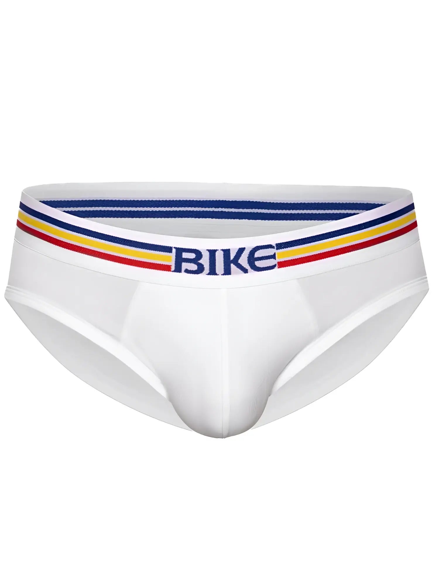 White men’s cotton briefs with colorful striped waistband featuring bike in blue lettering model bas327