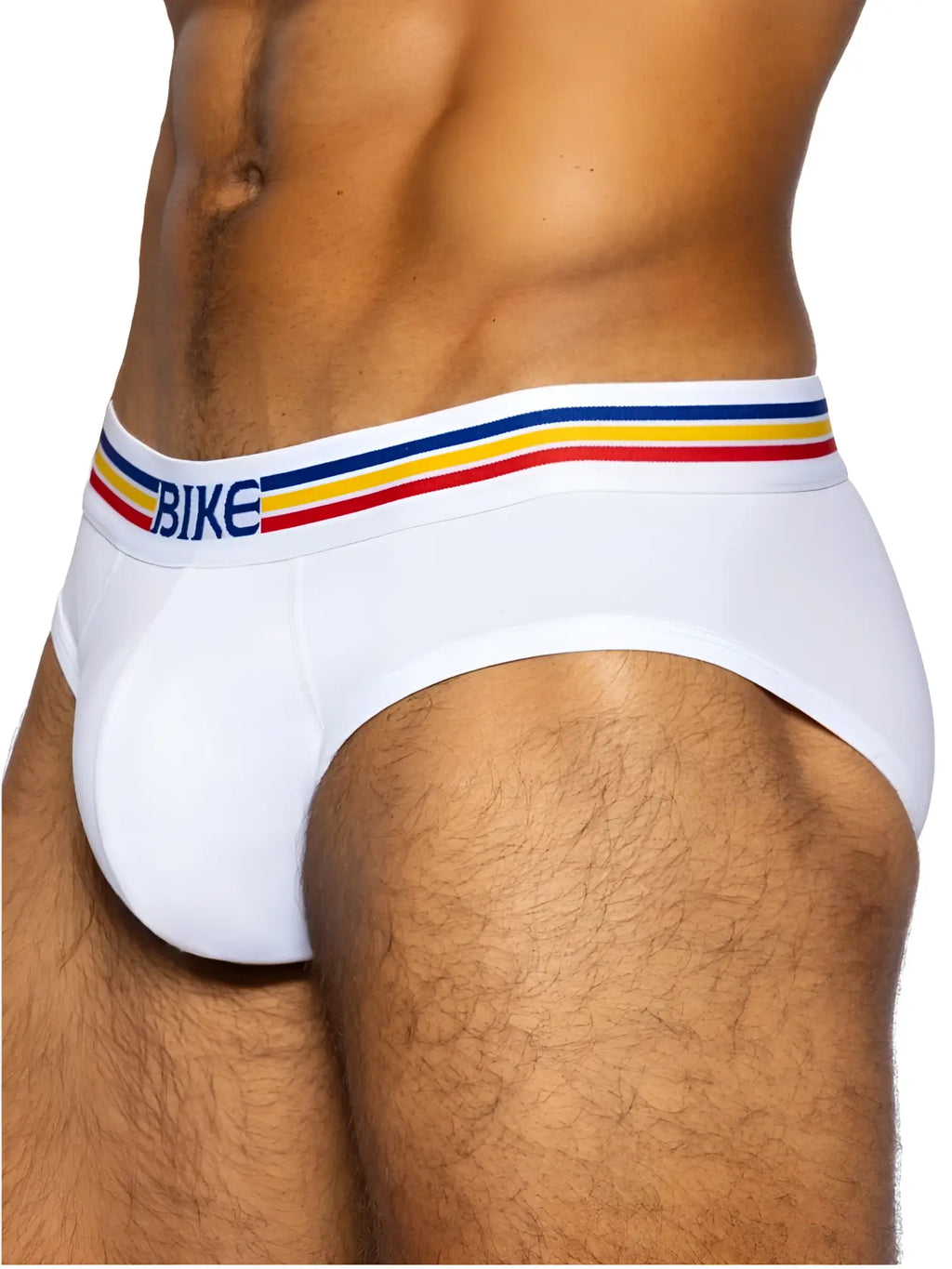 White men’s stretch cotton briefs with a colorful striped waistband featuring bike in blue lettering