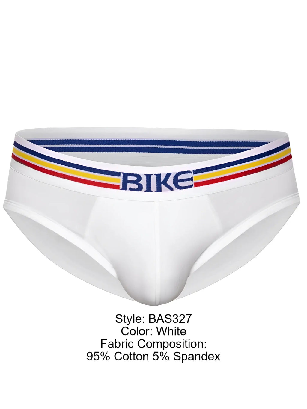 White bike athletic bas327 stretch cotton briefs with striped blue yellow red waistband and navy bike lettering