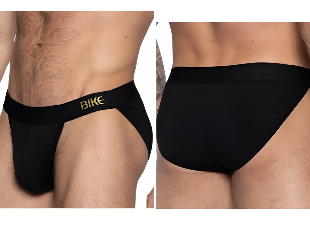 Black bike athletic bas331 active jock brief with gold bike branding on waistband designed for men