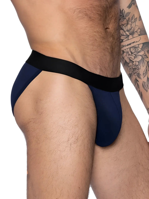 Navy blue BIKE Athletic BAS331 active jock brief with black elastic waistband designed for athletic support