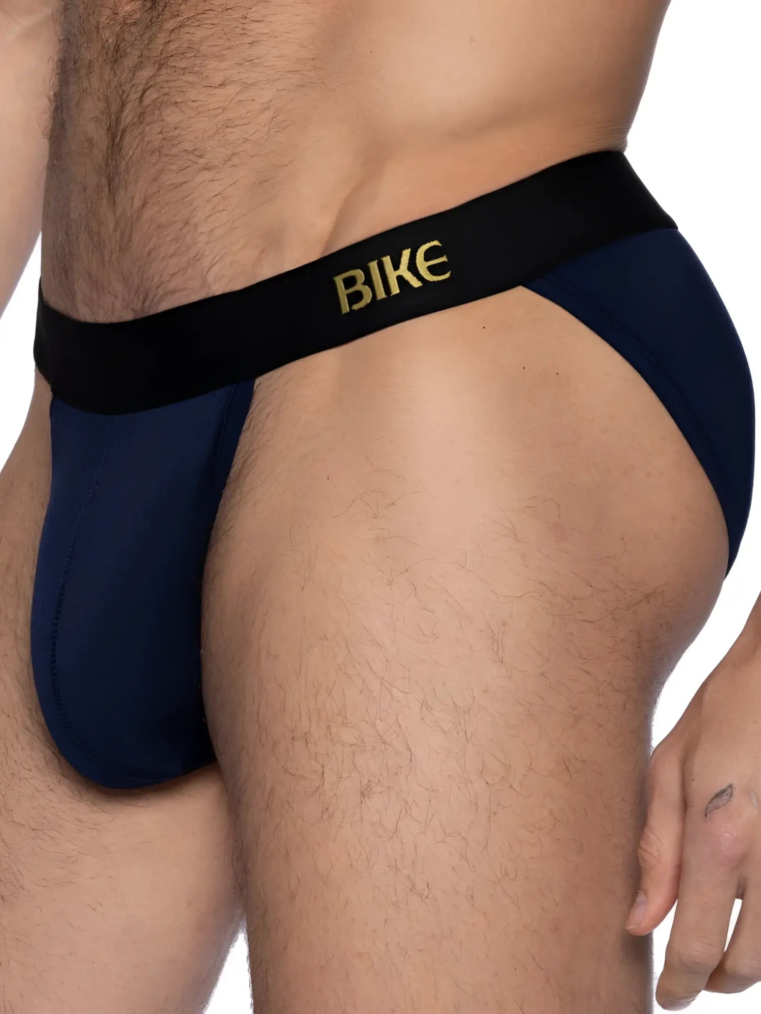 Navy blue bike athletic bas331 active jock brief with black waistband and gold lettering for sports use