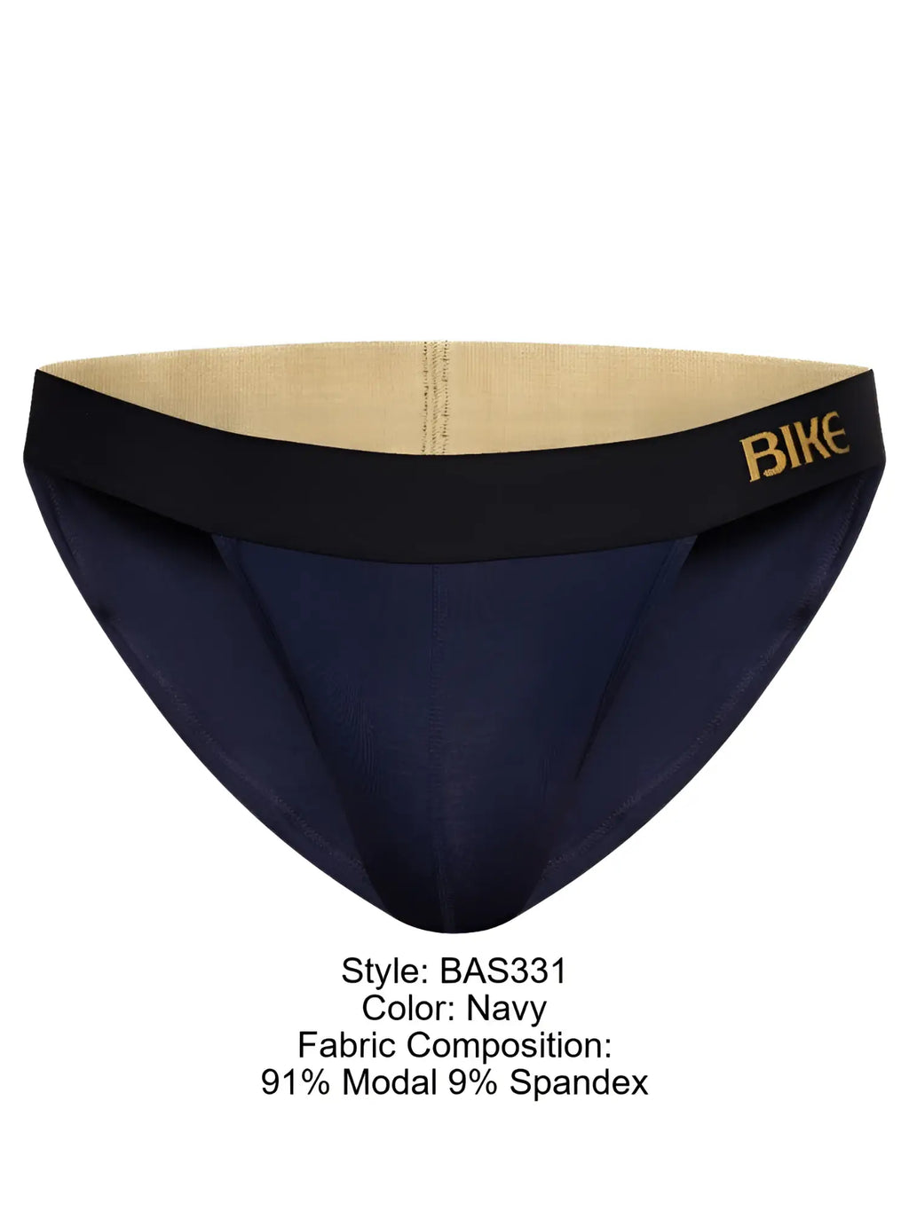 Navy bike athletic bas331 active jock brief with gold branding black waistband and beige interior lining