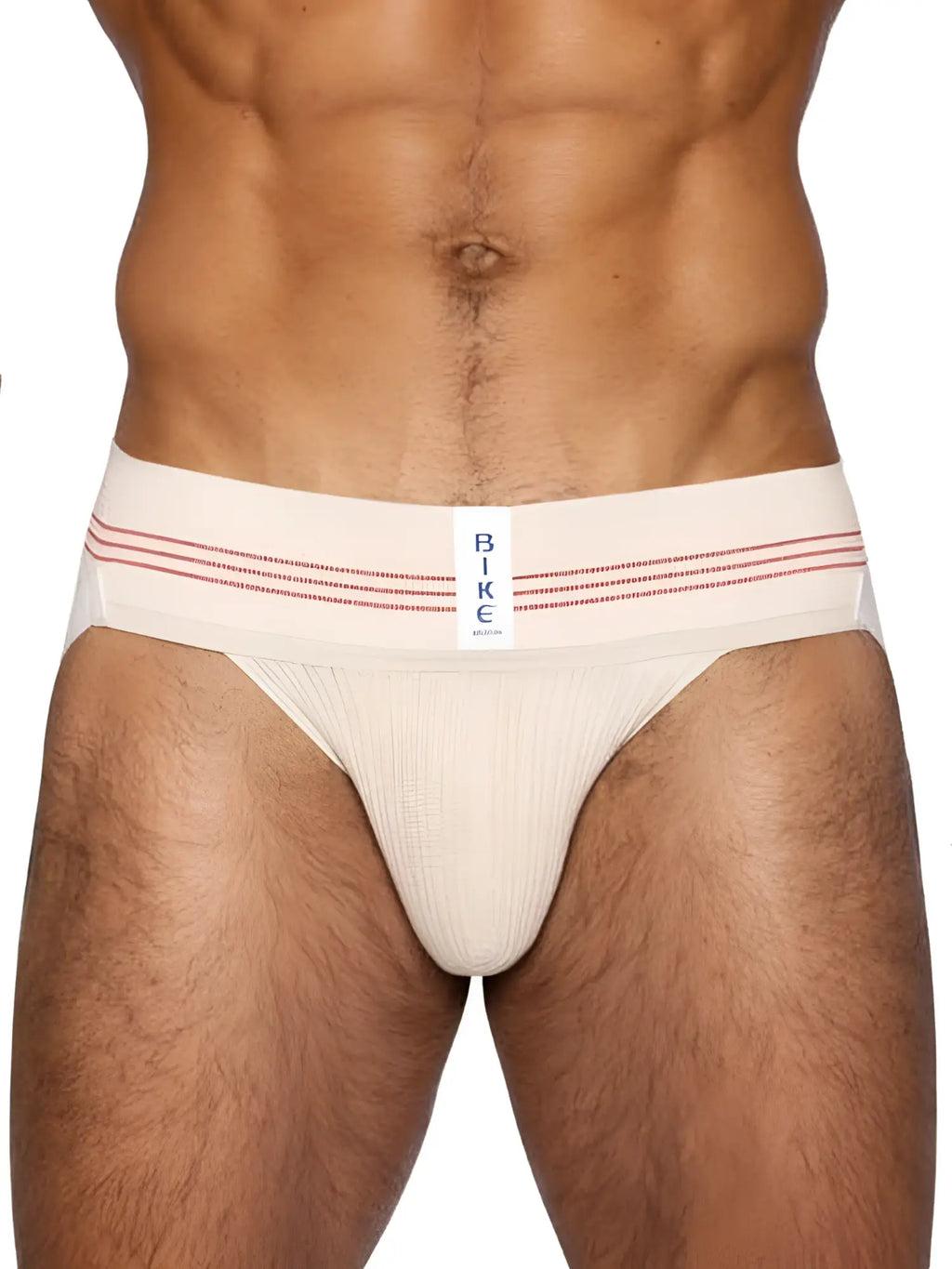 Cream-colored athletic briefs with red stripes and bike label in blue from bike athletic bas333 classic retro collection