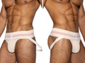 White athletic briefs with red stripes and bike brand label on the side classic retro 1980s vintage cream color