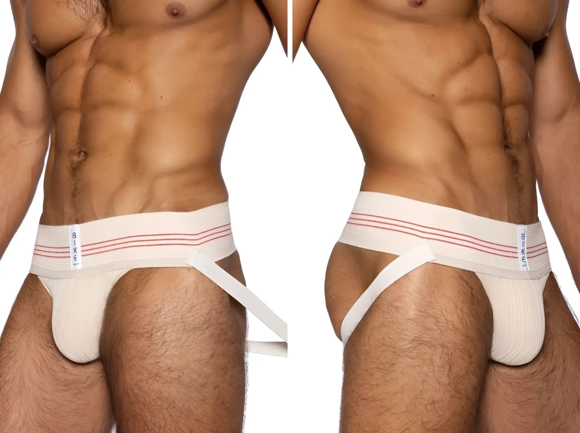 White athletic briefs with red stripes and bike brand label on the side classic retro 1980s vintage cream color
