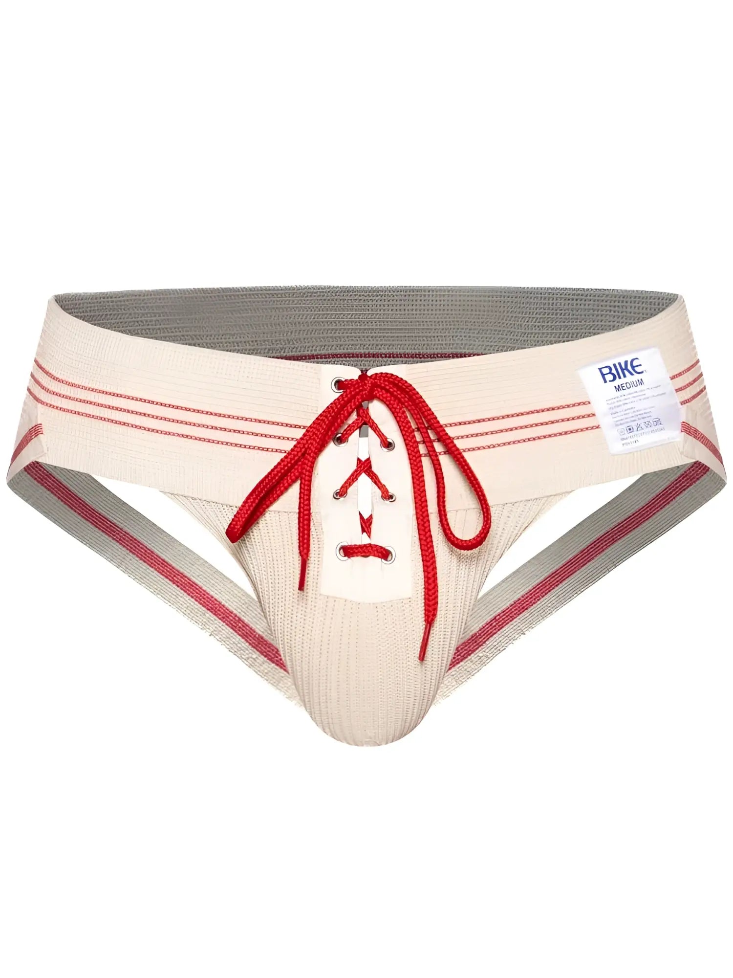 Vintage cream bike athletic BAS343 lace-up jockstrap with beige ribbed briefs red laces and striped detailing